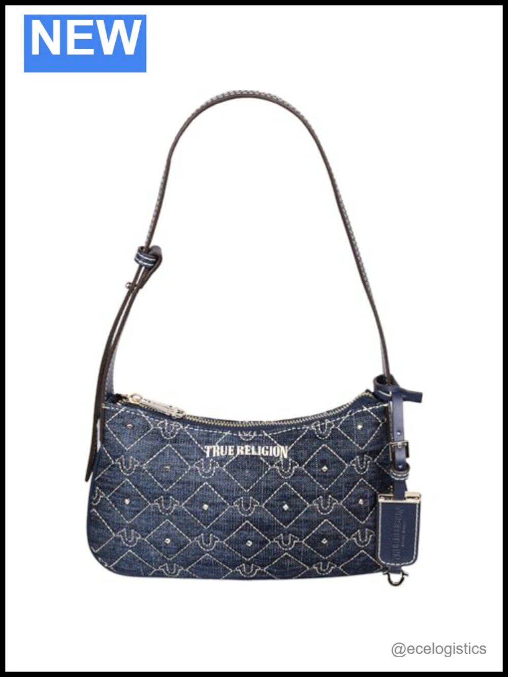 Quilted Denim Studded Shoulder Bag with Adjustable Strap & Gold Hardware